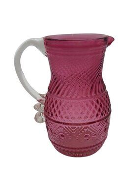 Pilgrim Cranberry Glass Bennington Pitcher Hand Blown Optic Swirl Textured Vtg